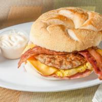 Hungry Man · Bacon, sausage, ham, eggs, with cheese.