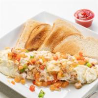 Healthy Omelette · Turkey, eight egg whites, onions, peppers, tomatoes.