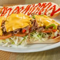 Philly Cheese Steak Hero · Philly steak, American, lettuce, tomato, onions , peppers, mayo ketchup.