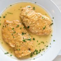 Chicken Francese · Medallions of chicken sautéed in lemon, butter and white wine.
CHOOSE PASTA OR SALAD