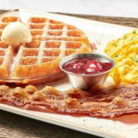 The Trifecta · Two fresh cage-free eggs any style with either a light and airy Belgian waffle or a multigra...