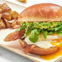 Elevated Egg Sandwich · Fresh, over easy cage-free egg with bacon, Gruyere cheese, fresh smashed avocado, mayo, and ...
