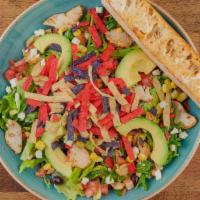 Chicken Avocado Chop Salad · Chopped romaine and arugula, all-natural chicken breast, avocado, tomatoes, corn, black bean...
