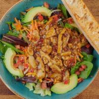 Sweet Honey Pecan Salad · Organic mixed greens, romaine, all-natural chicken breast, bacon, toasted pecans, avocado, t...
