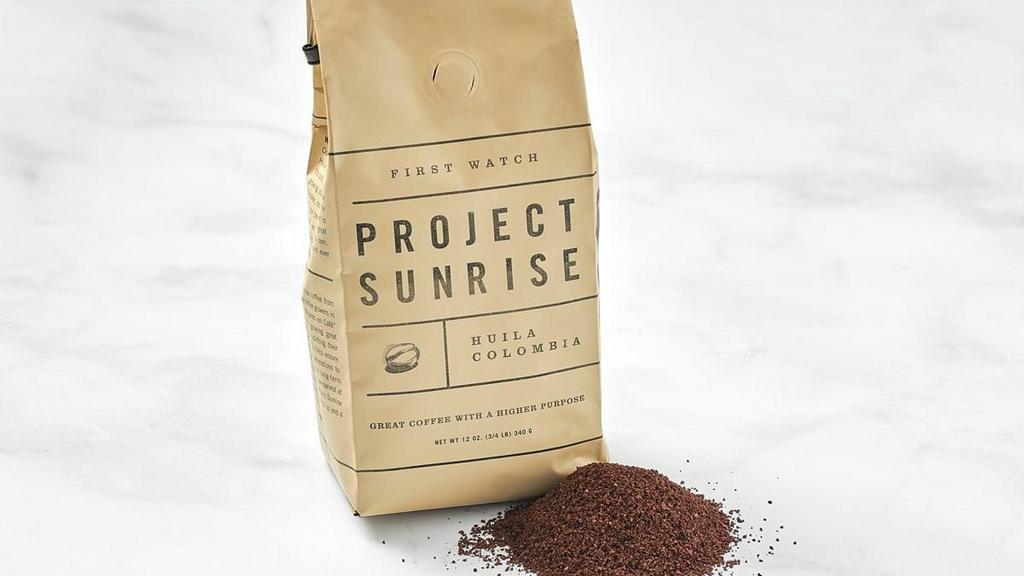 Project Sunrise Retail Coffee  · 12 oz bag of our Project Sunrise ground coffee. Buy a bag to support our female growers in Huila, Colombia!