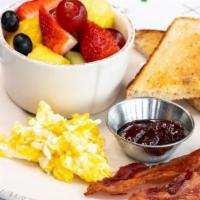 Kids Bacon And Egg · One cage-free egg cooked any way you like,. served with bacon, sourdough toast and fresh. fr...