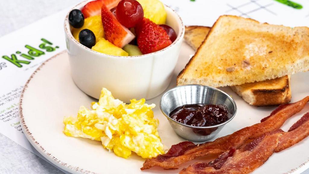 Kids Bacon And Egg · One cage-free egg cooked any way you like,. served with bacon, sourdough toast and fresh. fruit.