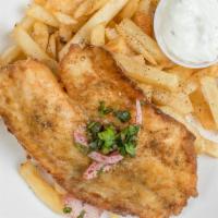 Fish & Chips · Fish filet with French fries and tahini.
