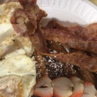 French Toast With 2 Eggs · Choice of ham, bacon, sausage. Small coffee or orange juice. Add cheese, hash browns, hone f...