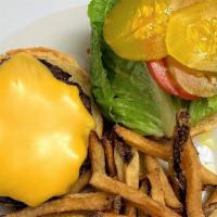 Burger With Fries · Grilled 8 oz burger on a toasted brioche bun with lettuce, tomato, pickles, and hand cut fri...