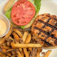 Salmon Burger With Fries · Subtle rich fish burger.
