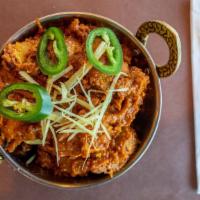 Kadai Chicken · For two people, with one naan and rice. Tender pieces of chicken with bone, simmered with to...
