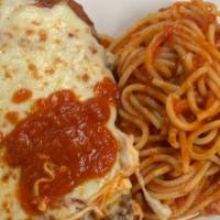 Chicken Parmesan · Breaded chicken cutlet baked with marinara sauce and mozzarella cheese served with spaghetti...