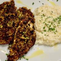 Pistachio Crusted Chicken · Pistachio crusted chicken breast served with parmesan risotto or vegetables