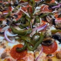 Supremo (Large) · San Marzano tomato sauce, reg. mozzarella, bell peppers, mushrooms, onions, sausage, peppero...