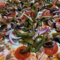 Supremo (Small) · San Marzano tomato sauce, reg. mozzarella, bell peppers, mushrooms, onions, sausage, peppero...