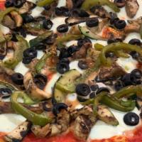 Vegetariana (Large) · San Marzano tomato sauce, reg. mozzarella, zucchini, bell pepper, black olives, eggplant.