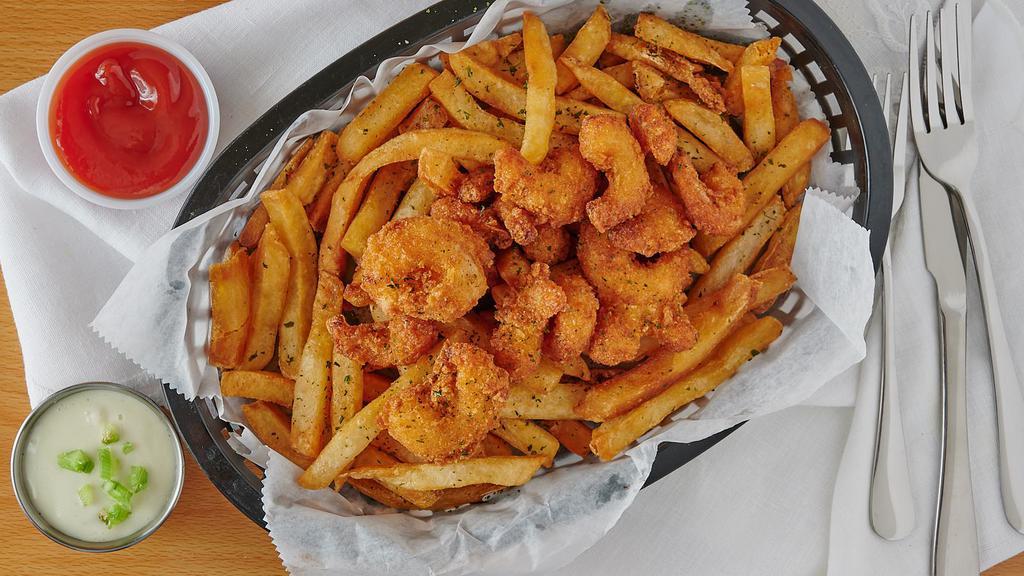 Popcorn Shrimp In A Basket · With tartar sauce and marinara. Served with french fries and small salad.