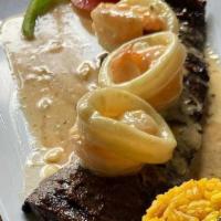 Mar Y Tierra *Skirt Steak With Seafood · tender and juicier than standard beef, with a nice buttery flavor and rock lobster tail