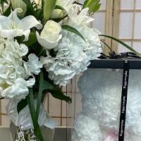 White Rose Arrangement With Teddy Bear · Just because I adore you. Delivered to you with vase.