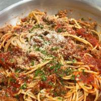 Spaghetti Bolognese · Spaghetti and fresh ground meat sauce! That's Delicious!