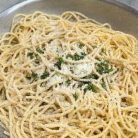 Spaghetti Cacio E Pepe  · Fresh cracked pepper grated pecorino Romano and a light butter twisted in with spaghetti. Th...