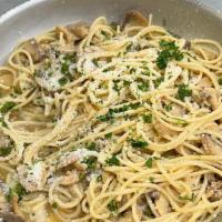 Mushroom Sauce Over Spaghetti · Delicious fresh mushrooms in a brown gravy loaded with Parmesan cheese. That's Delicious!