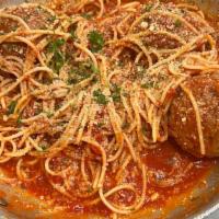 Homemade Spaghetti And Meatballs · Our 30 year old recipe sweet tomatos crushed over spaghetti and homemade meatballs. That's D...