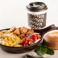Breakfast Express · Includes; buttered bagel + eggs + coffee. Choice of Home fries, Salad, or Both.