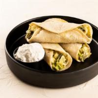 Morning Cigars · Spinach scrambled egg, guacamole, mini soft corn tortilla, creamy dressing.