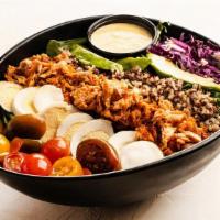Macro Cobb Salad · Broiled salmon, quinoa, hard-boiled egg, avocado, grape tomatoes, kale + mixed greens, FNF h...