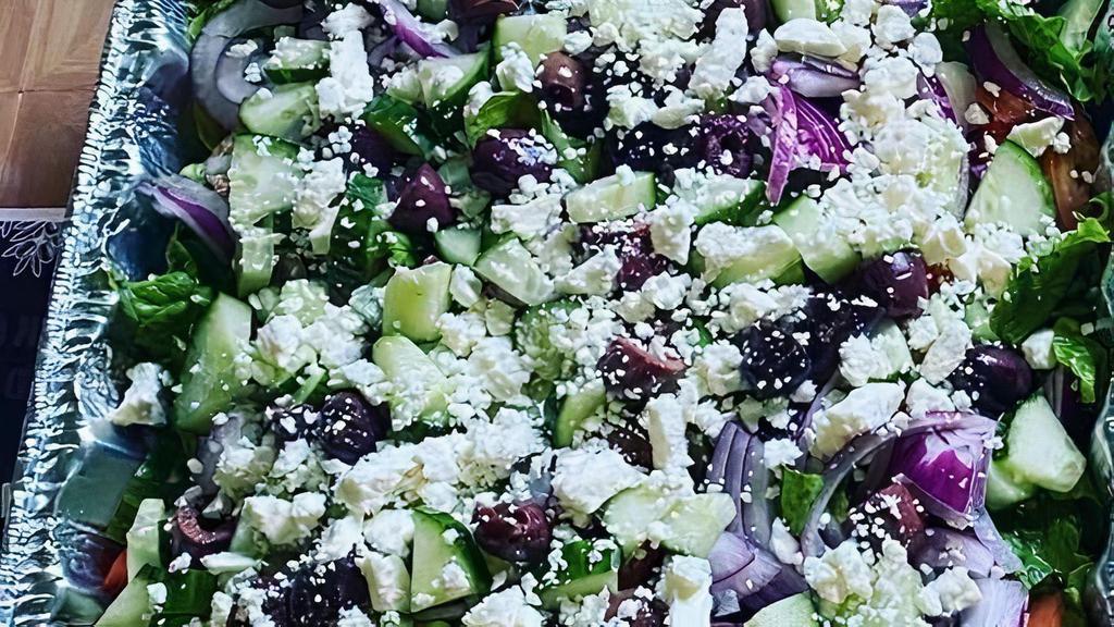 Greek Salad · Green leaf lettuce, tomatoes, cucumbers, red onions, kalamata olive, feta cheese, one dressing and one pita. Add protein and dressing for an additional charge.