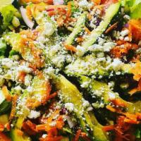 Chef'S Salad · Romaine lettuce, carrots, tomatoes, red onions, boiled egg, blue cheese, avocado, one dressi...