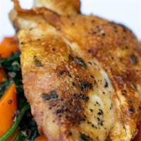 Skinny Chicken · Roasted Chicken Breast, steamed carrots, spinach, quinoa, lemon jus