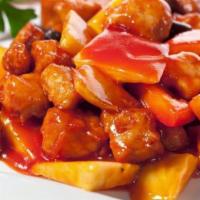 Pineapple Chicken · Sliced chicken sautéed with carrot, water chestnuts, snow peas, and pineapple.