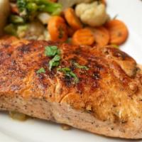 Salmon · Grilled seasoned salmon with your choice of to sides