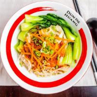 Spicy Oil Spill Noodles · Spicy, vegan. Wide noodles, bean sprouts, carrots, garlic, and bok choy.