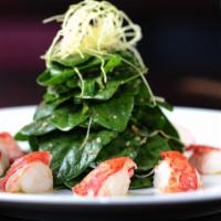 Baby Spinach Salad With Lobster · Baby spinach salad served with lobster tossed with yuzu olive oil, parmesan cheese, red bell...