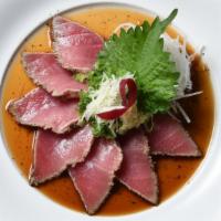 Tuna Tataki With Tosazu · 7 pieces of seared tuna sashimi with Tosazu Sauce