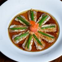 Whitefish New Style · Whitefish sashimi with yuzu soy, drizzled in hot sesame olive oil.