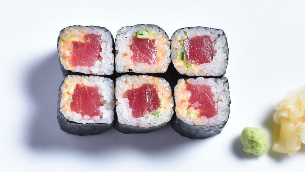 Spicy Tuna Cut Roll · Chopped tuna with creamy spicy and negi (scallion) cut roll.