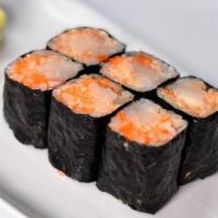 Spicy Scallop Cut Roll · Scallop cut roll with creamy spicy sauce and masago.