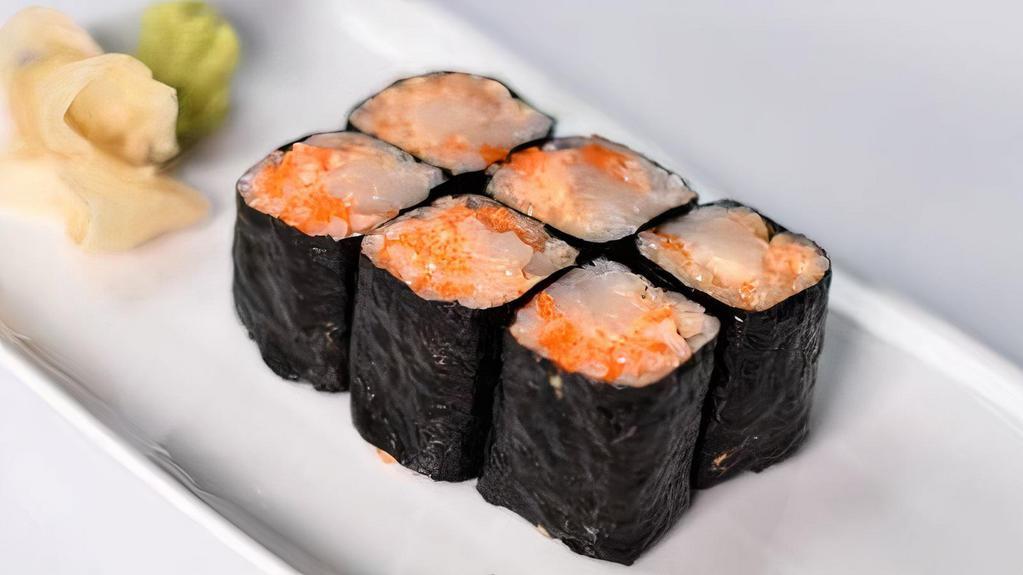 Spicy Scallop Cut Roll · Scallop cut roll with creamy spicy sauce and masago.