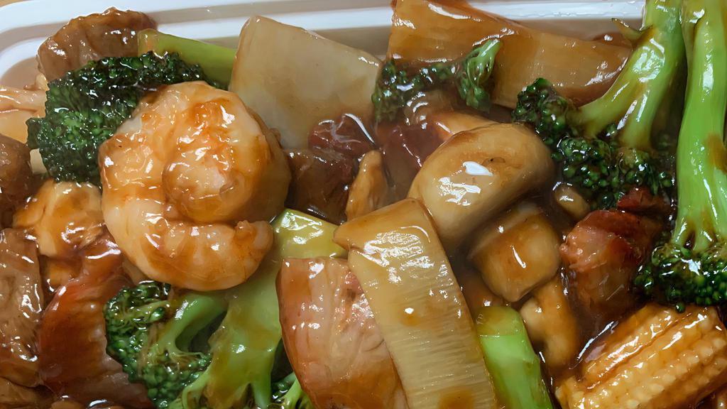 Happy Family · Stir fried with a light brown sauce.