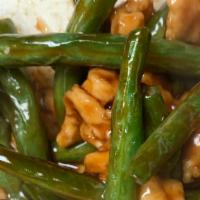 Chicken With String Beans · Served with white rice.