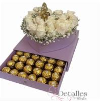 You Are My Heart · 36 Ferrero Rocher Chocolate with almond.
Purple Box.
White Roses or Pink (Please let me know...