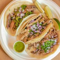 Tacos (3) · Corn tortilla, meat, cilantro, onion, salsa.