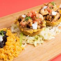 Mofonguito · Two stuffed plantain cups with your favorite meats topped with pico de gallo mexicrema cilan...