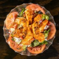 Buffalo Chicken Salad · Mixed greens with fresh chopped tomatoes, bleu Cheese crumbles & grilled chicken tossed in o...