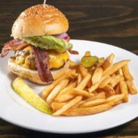 The Classic Burger · Lettuce, tomato, raw onion, pickle chips, bacon and Melted american cheese